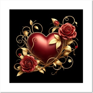 Valentines Day Red Heart, Red Roses, Golden Vines - Dark Posters and Art